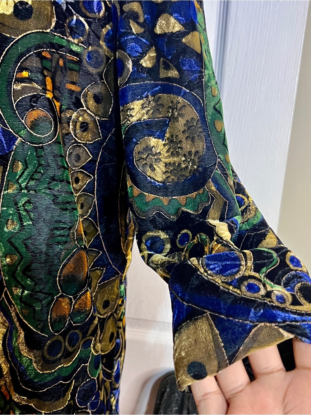 Another Thyme Vtg 90s Geo Abstract Velvet Metallic Artsy Glam Open Blazer S/M - Picture 4 of 14